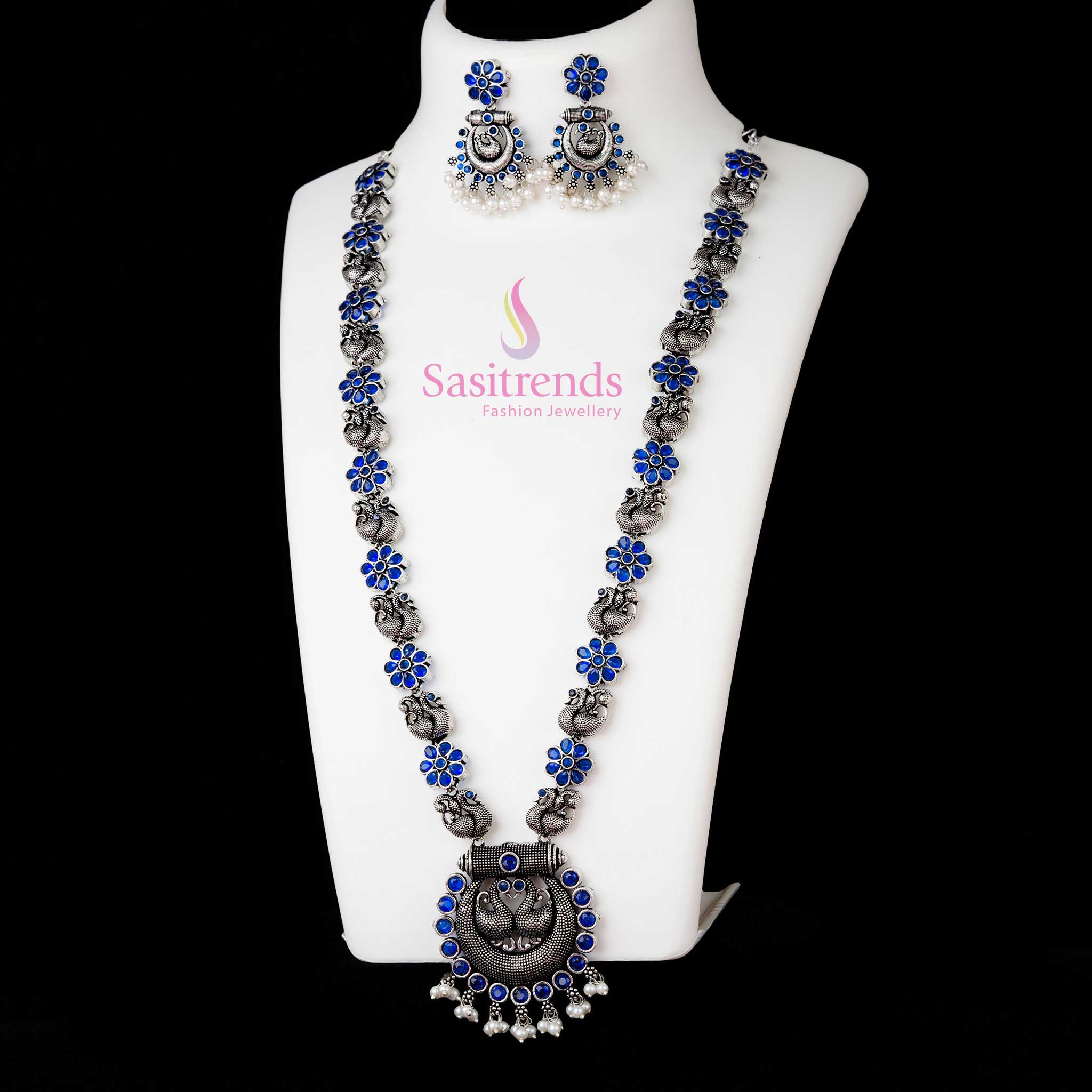 Traditional Oxidised Silver Peacock Chandbali Necklace With Blue Stones And Stud Earrings, Antique Finish Ethnic Jewellery For Festive Occasions - Sasitrends