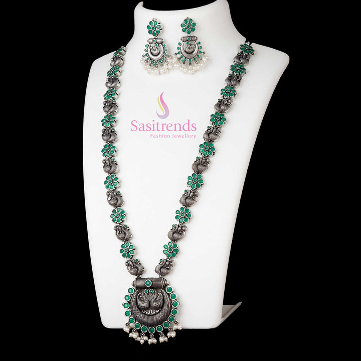 Traditional Oxidised Silver Peacock Chandbali Necklace With Green Stone Stud Earrings, Featuring Artistic Antique Finish And Heritage Jewellery Charm For Women - Sasitrends