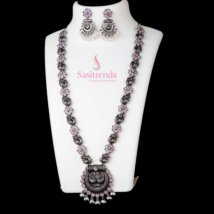 Elegant Oxidised Silver Peacock Chandbali Long Necklace With Mint Stone Earrings – Classic Ethnic Jewellery Design For Graceful Festive Styling - Sasitrends