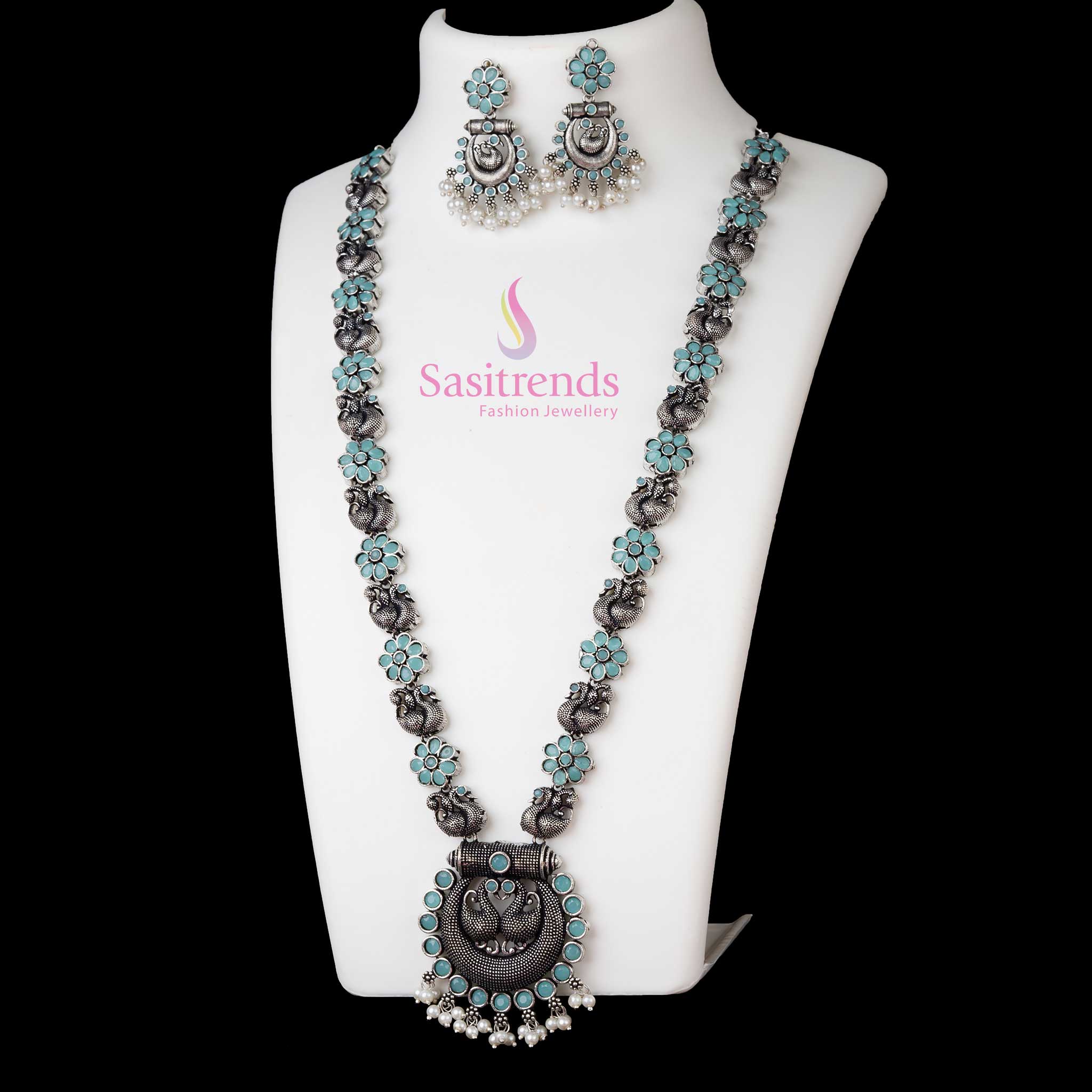 Oxidised Silver Peacock Chandbali Pendant Necklace With Mint Stones And Stud Earrings – Antique Style Traditional Jewellery Set With A Modern Touch - Sasitrends