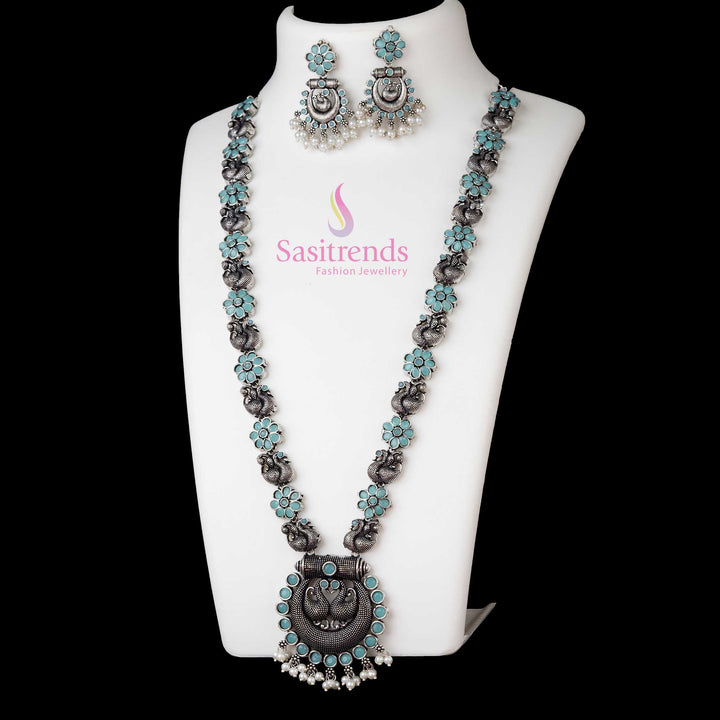 Oxidised Silver Peacock Chandbali Pendant Necklace With Mint Stones And Stud Earrings – Antique Style Traditional Jewellery Set With A Modern Touch - Sasitrends