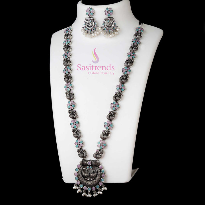 Antique Oxidised Silver Peacock Chandbali Pendant Long Necklace With Pink-Mint Stone Earrings – Stylish Traditional Jewellery Choice For Women - Sasitrends