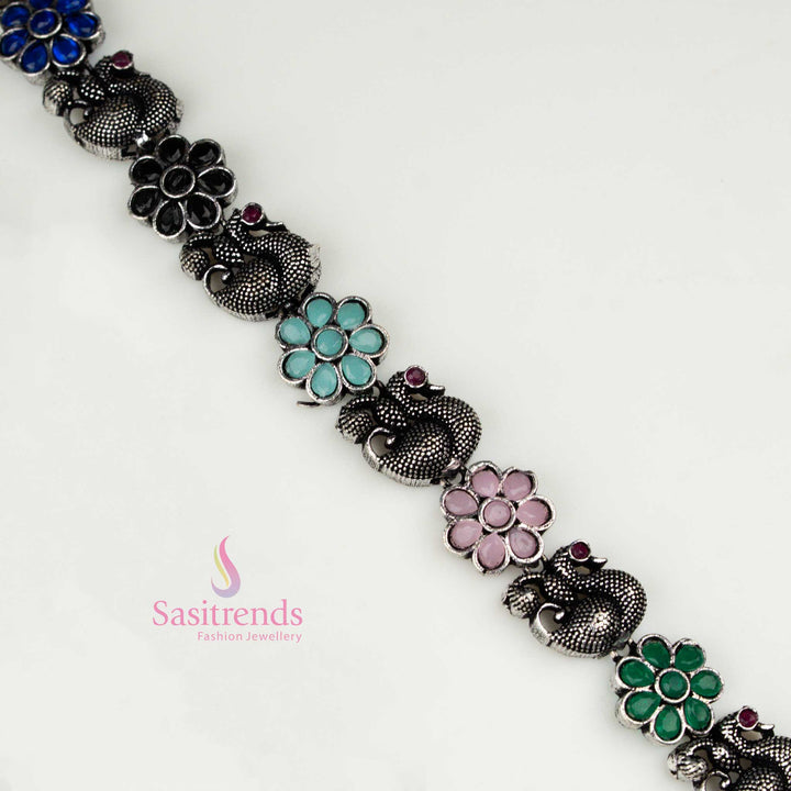 Bohemian oxidised silver long chandbali necklace featuring a peacock design with vibrant multi-stone earrings, a stunning fusion ethnic jewellery set – Sasitrends