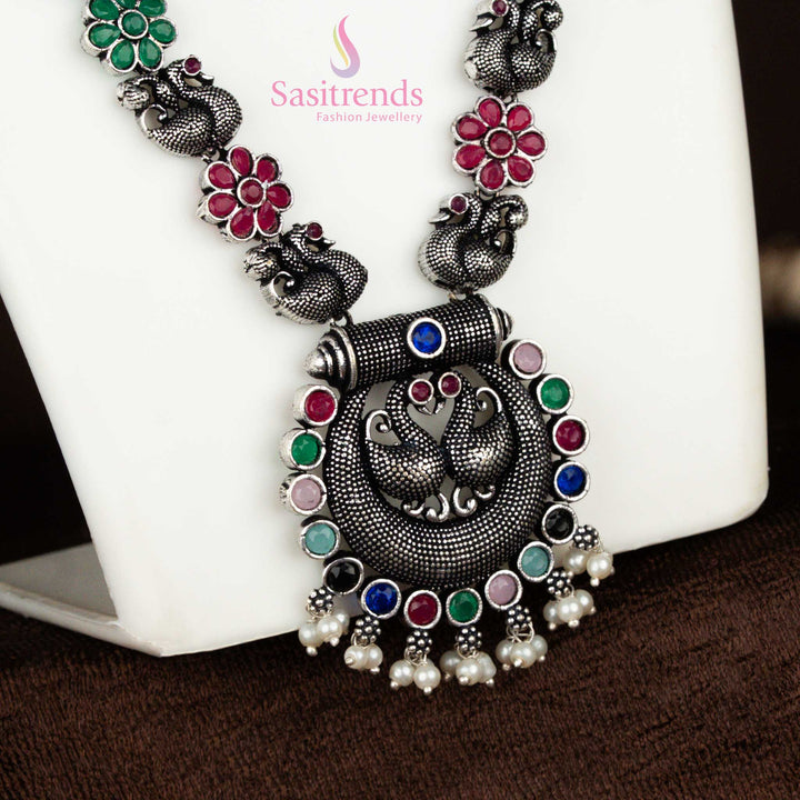 Artisan-crafted peacock motif chandbali pendant necklace in oxidised silver with multi-colour stones and traditional earrings, a vintage-inspired jewellery set – Sasitrends