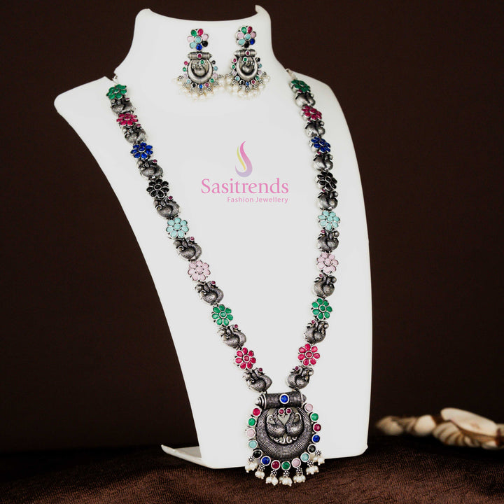 Traditional Oxidised Silver Peacock Chandbali Pendant Long Necklace With Multi-Colour Stones And Stud Earrings – Festive Ethnic Jewellery Set With Vibrant Antique Finish - Sasitrends