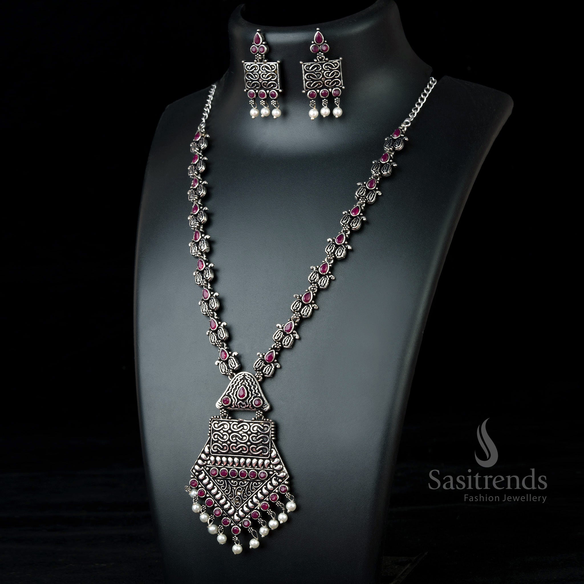 Blissful Ruby Oxidised Tribal Necklace with detailed stones and delicate pearl hangings – Cultural statement party jewellery by Sasitrends
