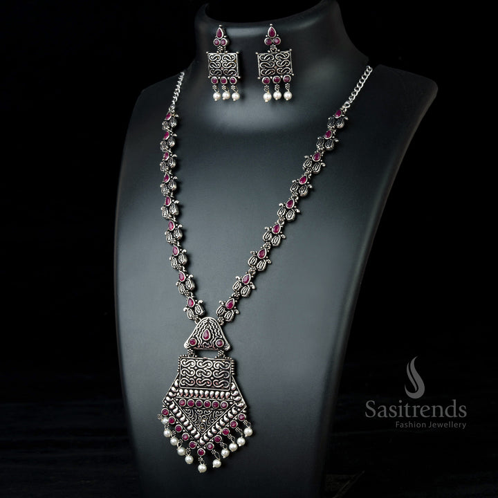 Blissful Ruby Oxidised Tribal Necklace with detailed stones and delicate pearl hangings – Cultural statement party jewellery by Sasitrends