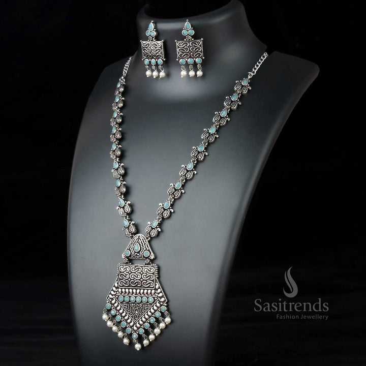Pastel Mint Oxidised Necklace with tribal pendant, pastel green stones, and elegant pearl hangings – Subtle elegance jewellery by Sasitrends