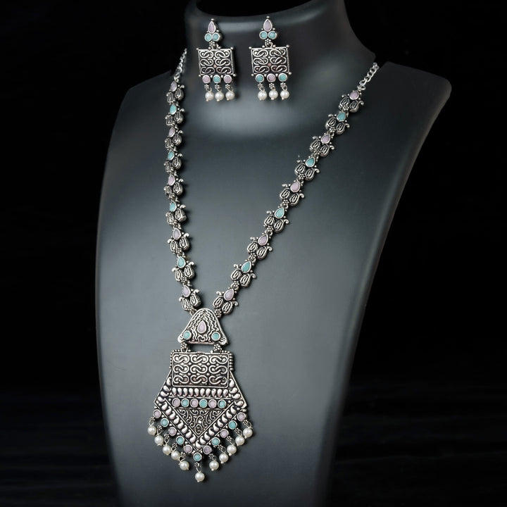Vibrant Mint-Pink Oxidised Pendant Necklace featuring radiant tribal designs, soft stones, and pearl finish – Fashion-forward jewellery by Sasitrends
