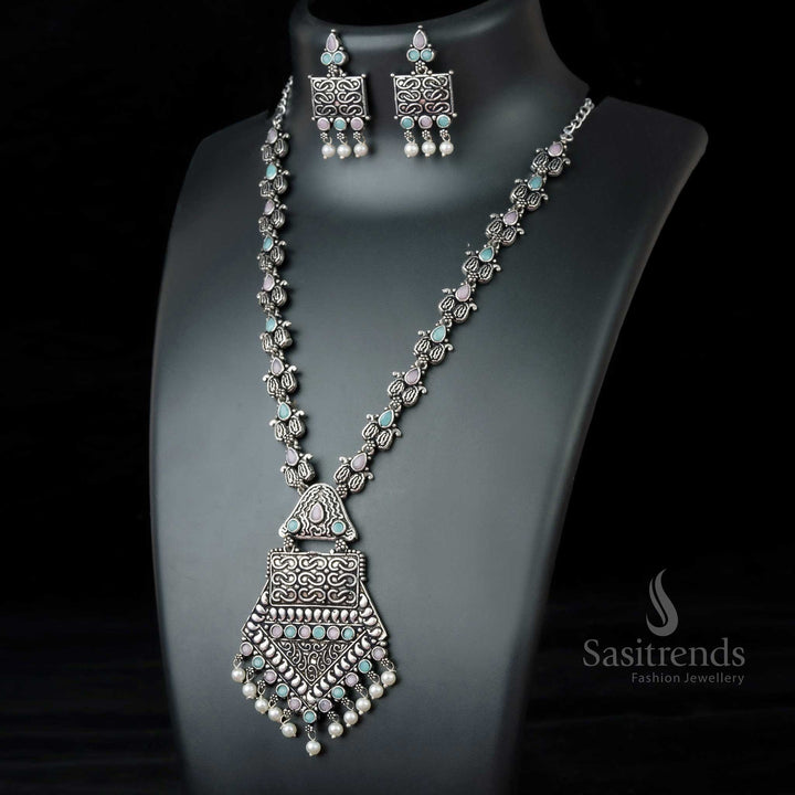 Chic Mint-Pink Oxidised Necklace with tribal pendant and multicolour stones accented by hanging pearls – Trendy heritage jewellery by Sasitrends