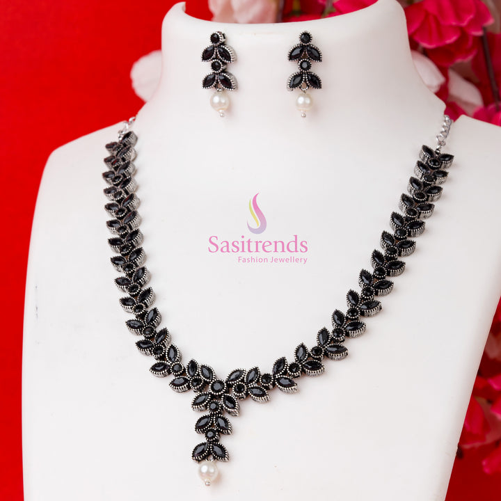 Black oxidised floral pearl necklace with stone earrings – stylish fusion jewellery set for parties – Sasitrends