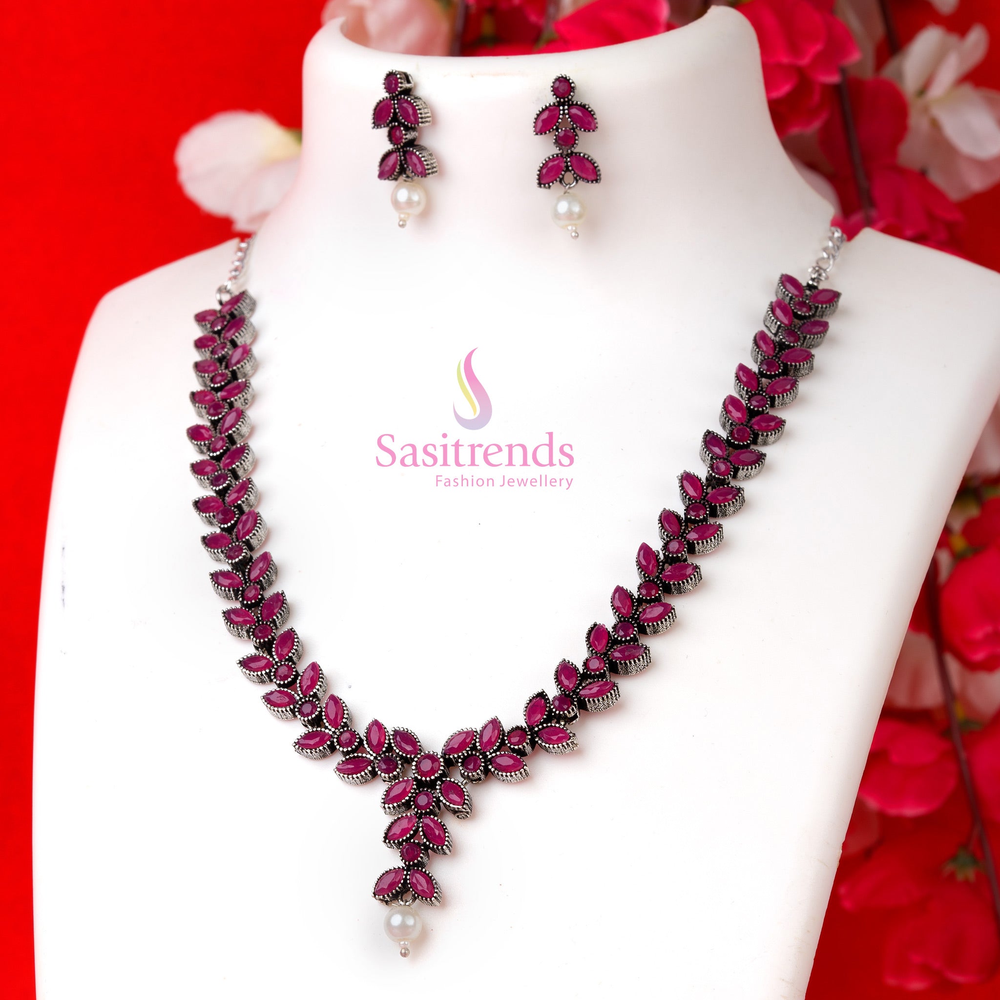 Ruby oxidised floral pearl necklace set with stone earrings – fashionable party wear jewellery – Sasitrends