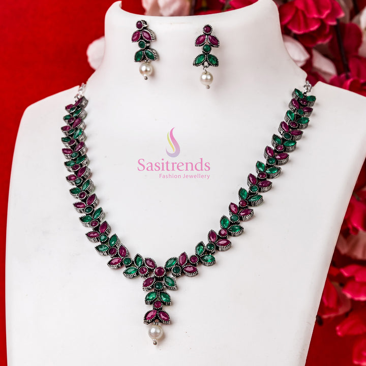 Ruby green oxidised silver floral pearl necklace and stone earrings – classic party jewellery – Sasitrends