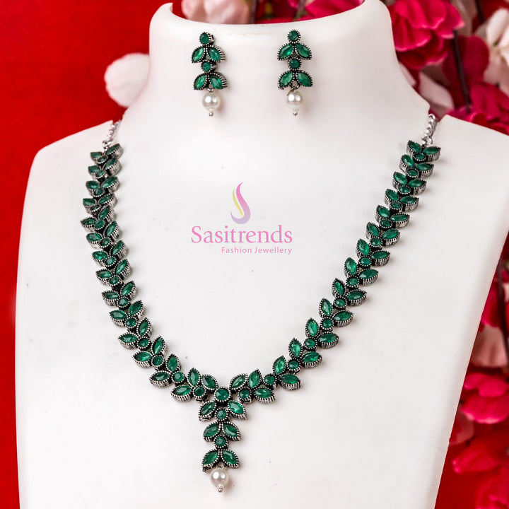 Elegant green floral motif oxidised silver pearl necklace with matching stone earrings – festive jewellery set – Sasitrends