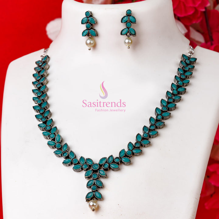 Cool mint floral pearl necklace oxidised with stylish stone earrings – festive jewellery – Sasitrends

