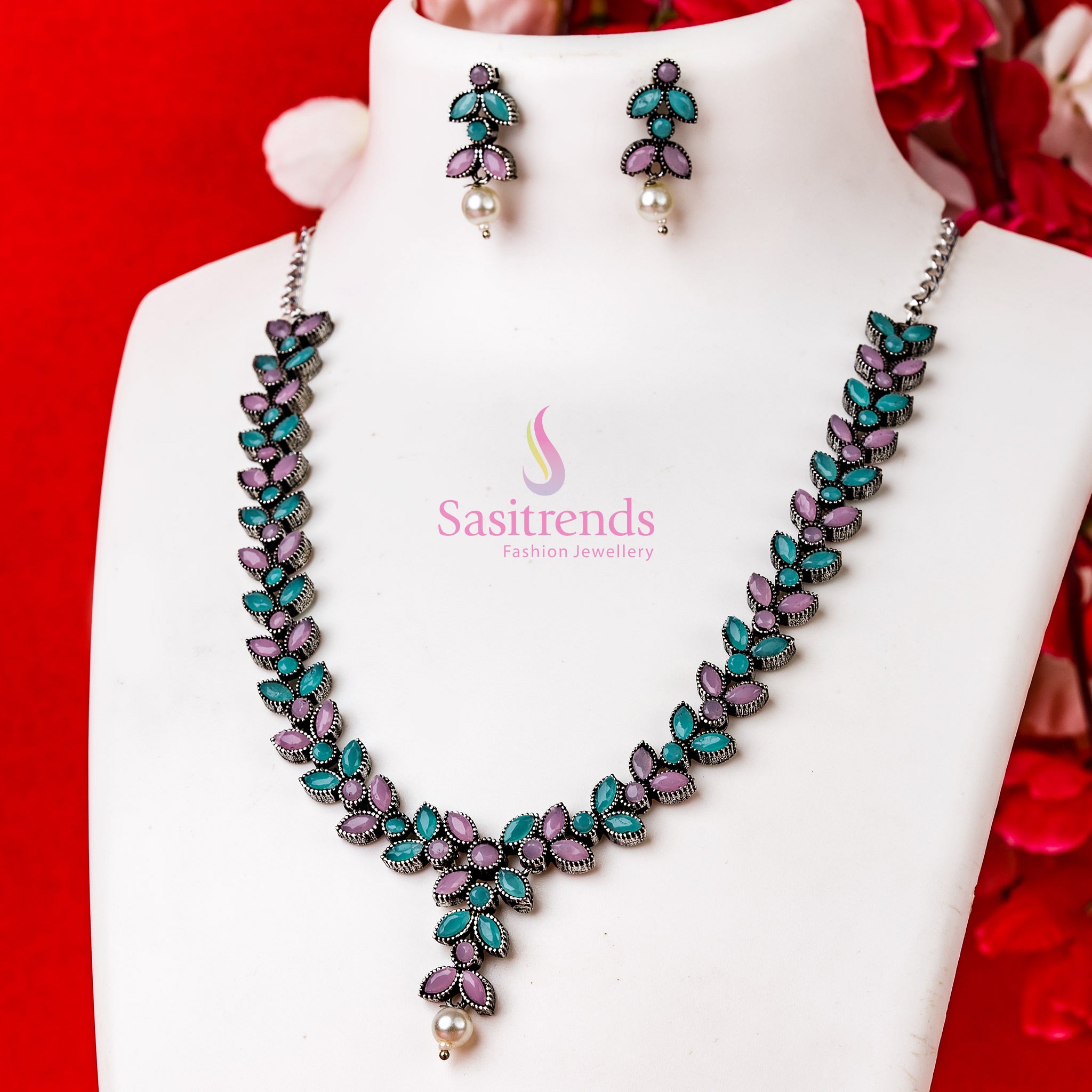 Mint pink oxidised pearl necklace with floral design and stone earrings – trendy jewellery set – Sasitrends