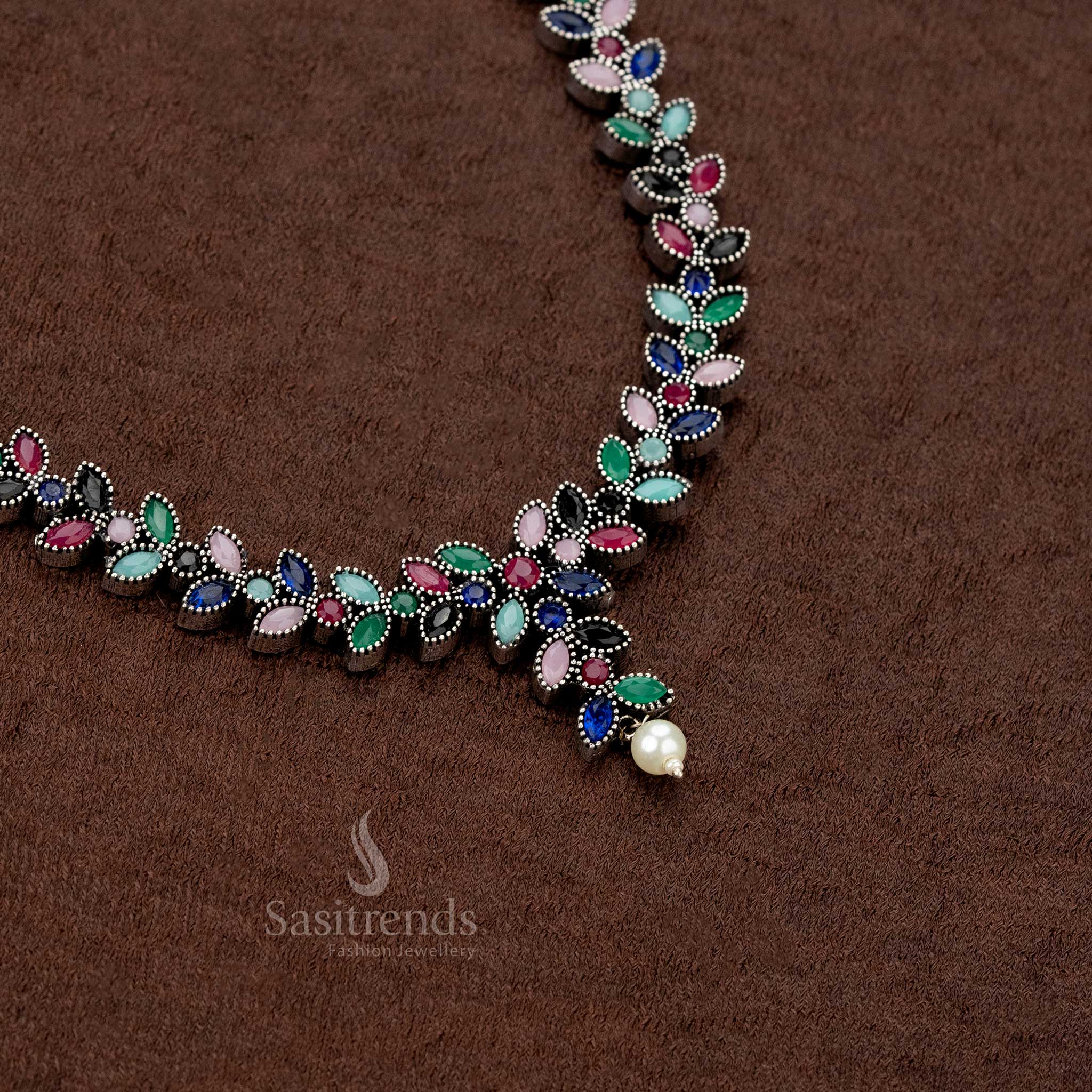 Trendy Multi Color Stone Necklace Set with Pearl Earrings Oxidised German Silver Jewelry - Sasitrends