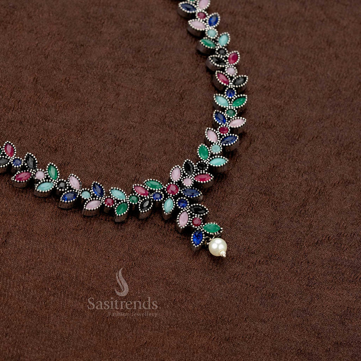 Trendy Multi Color Stone Necklace Set with Pearl Earrings Oxidised German Silver Jewelry - Sasitrends