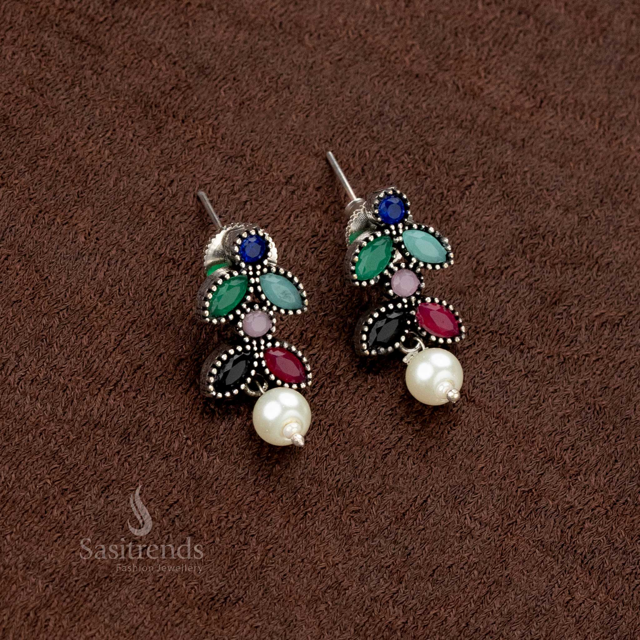 Trendy Multi Color Stone Necklace Set with Pearl Earrings Oxidised German Silver Jewelry - Sasitrends