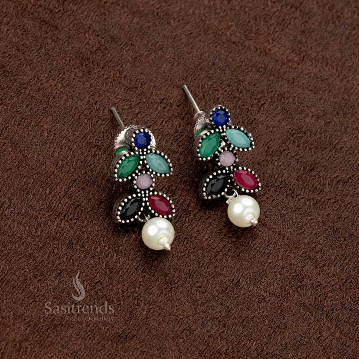 Trendy Multi Color Stone Necklace Set with Pearl Earrings Oxidised German Silver Jewelry - Sasitrends