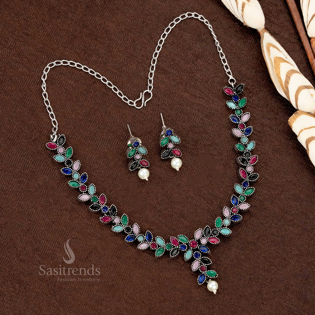 Trendy Multi Color Stone Necklace Set with Pearl Earrings Oxidised German Silver Jewelry - Sasitrends