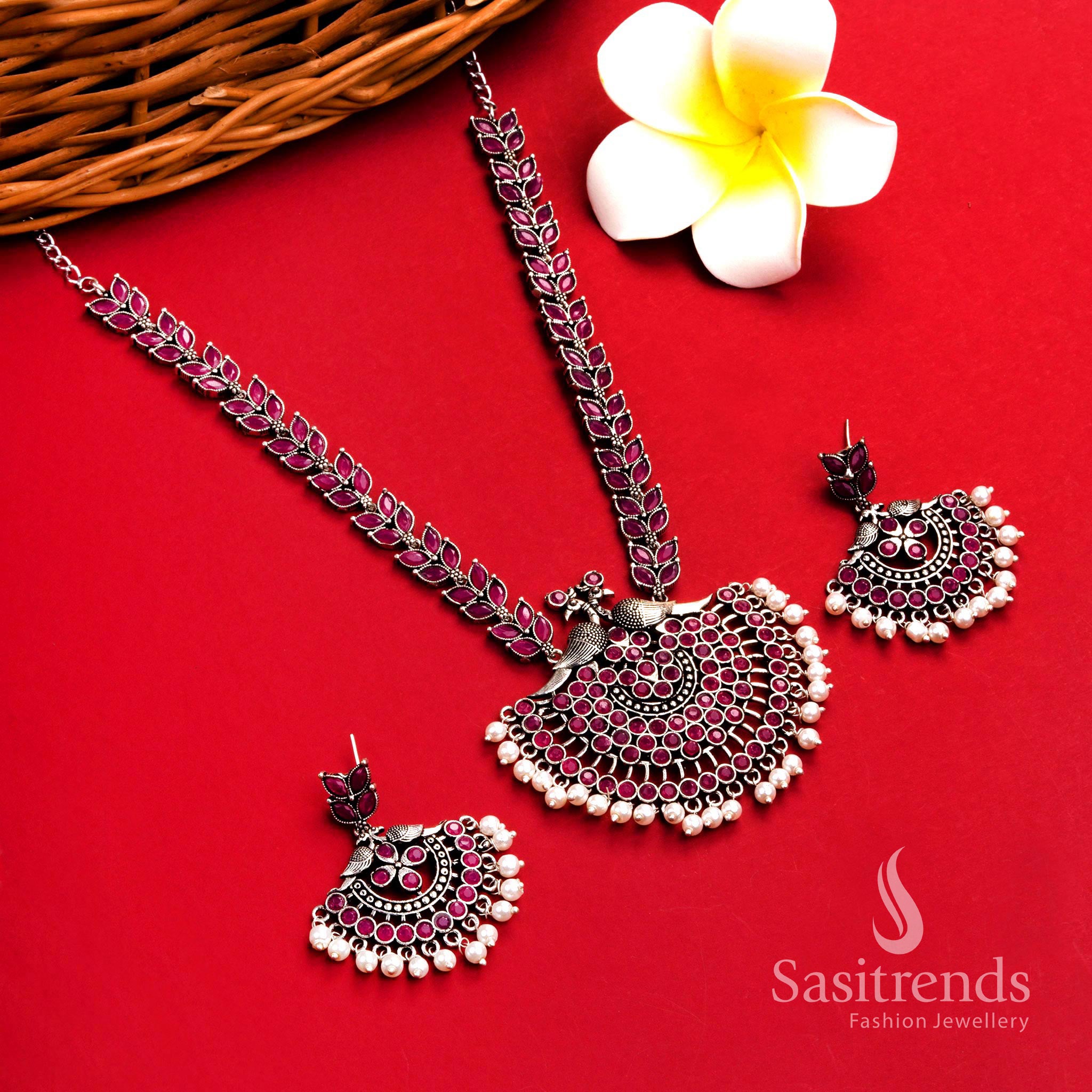 Royal ruby oxidised pearl necklace with peacock floral design pendant and pearl drop earrings – festive ethnic jewellery – Sasitrends