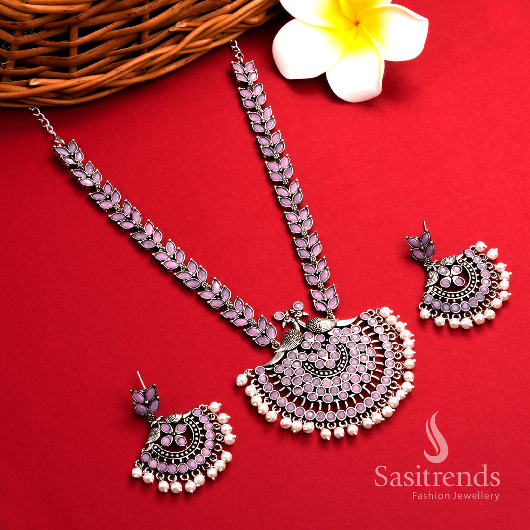 Delicate pink oxidised pearl necklace with peacock and floral pendant and elegant pearl earrings – traditional jewellery set – Sasitrends