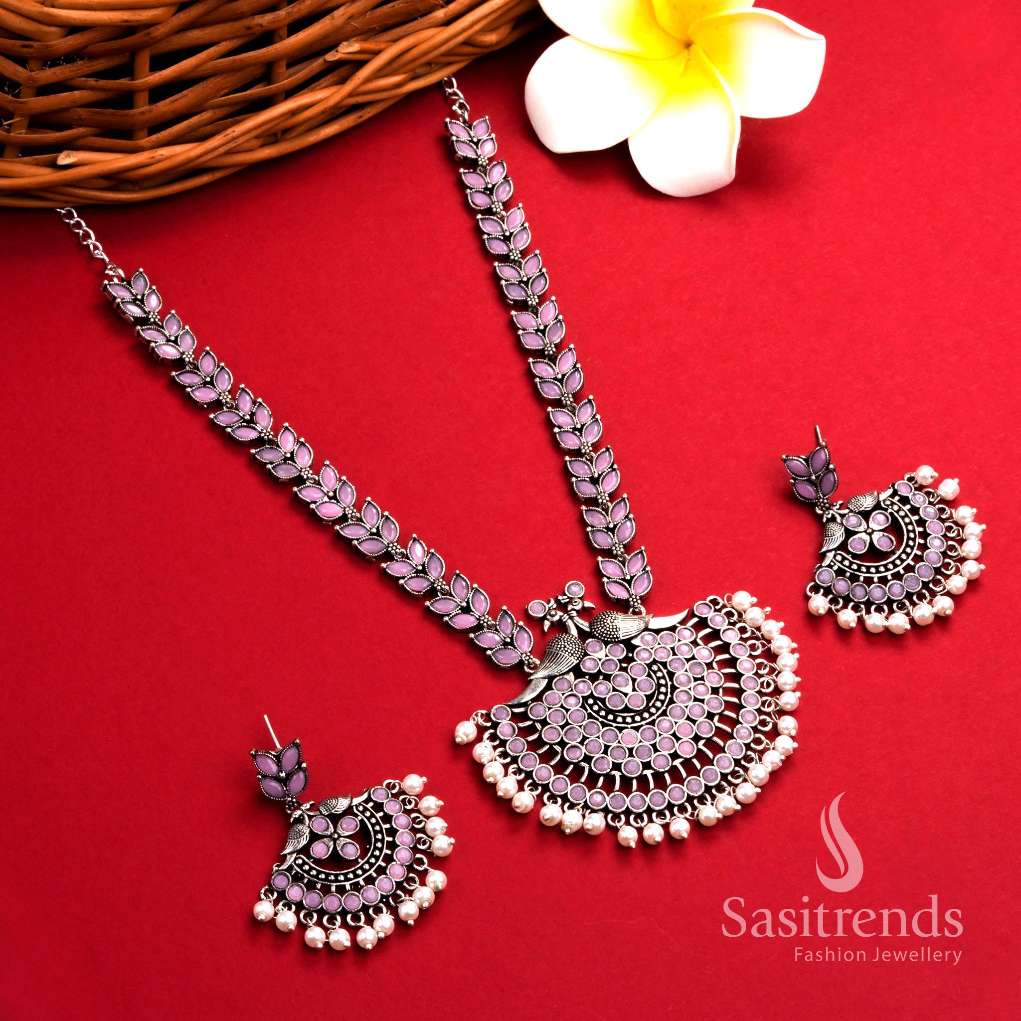 Delicate pink oxidised pearl necklace with peacock and floral pendant and elegant pearl earrings – traditional jewellery set – Sasitrends