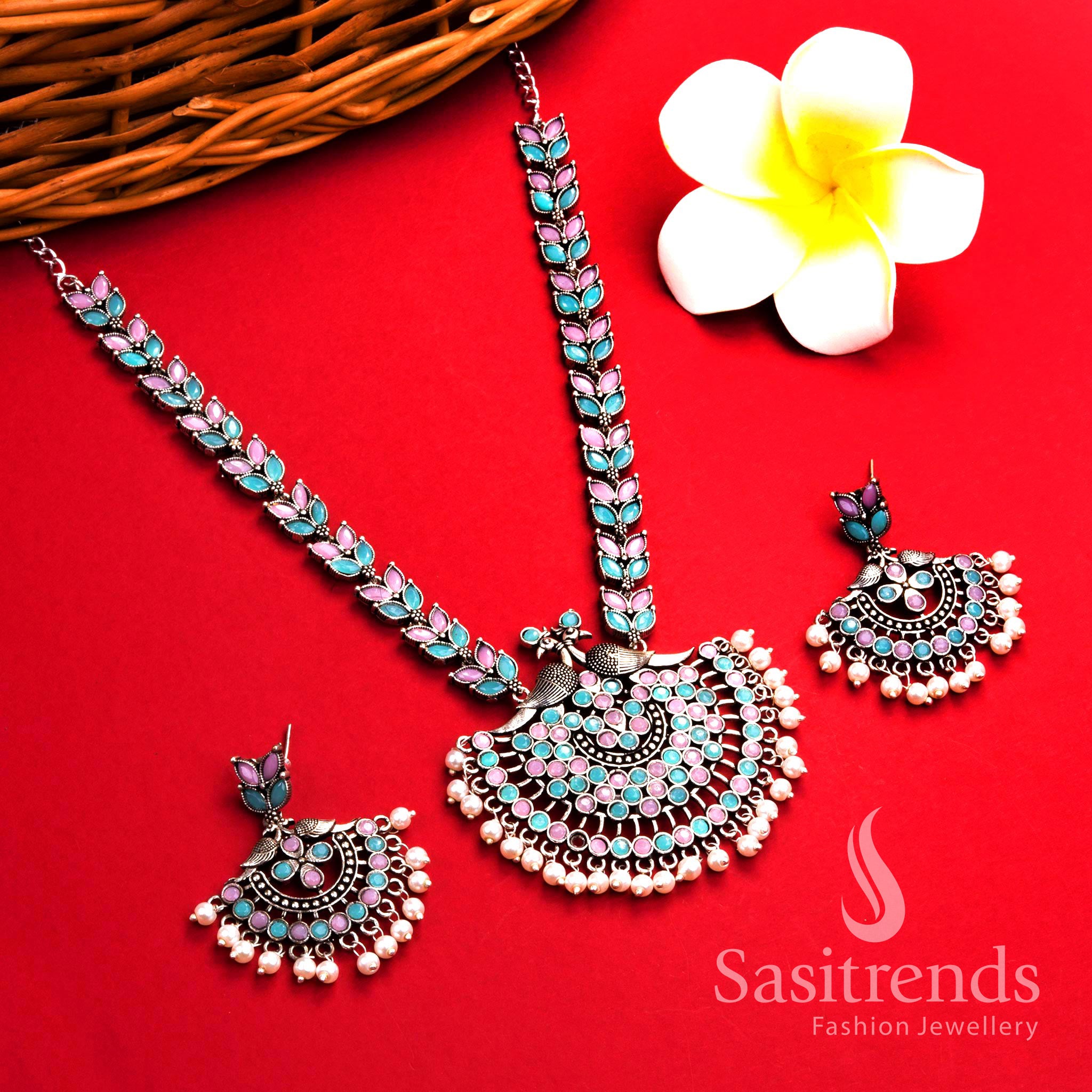 Elegant mint pink oxidised pearl necklace with peacock floral pendant and matching pearl earrings – traditional party jewellery – Sasitrends