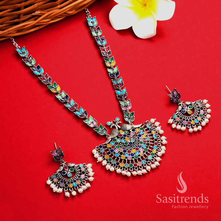 Vibrant multi-colour oxidised silver pearl long necklace with peacock floral pendant and matching pearl earrings – festive ethnic jewellery – Sasitrends