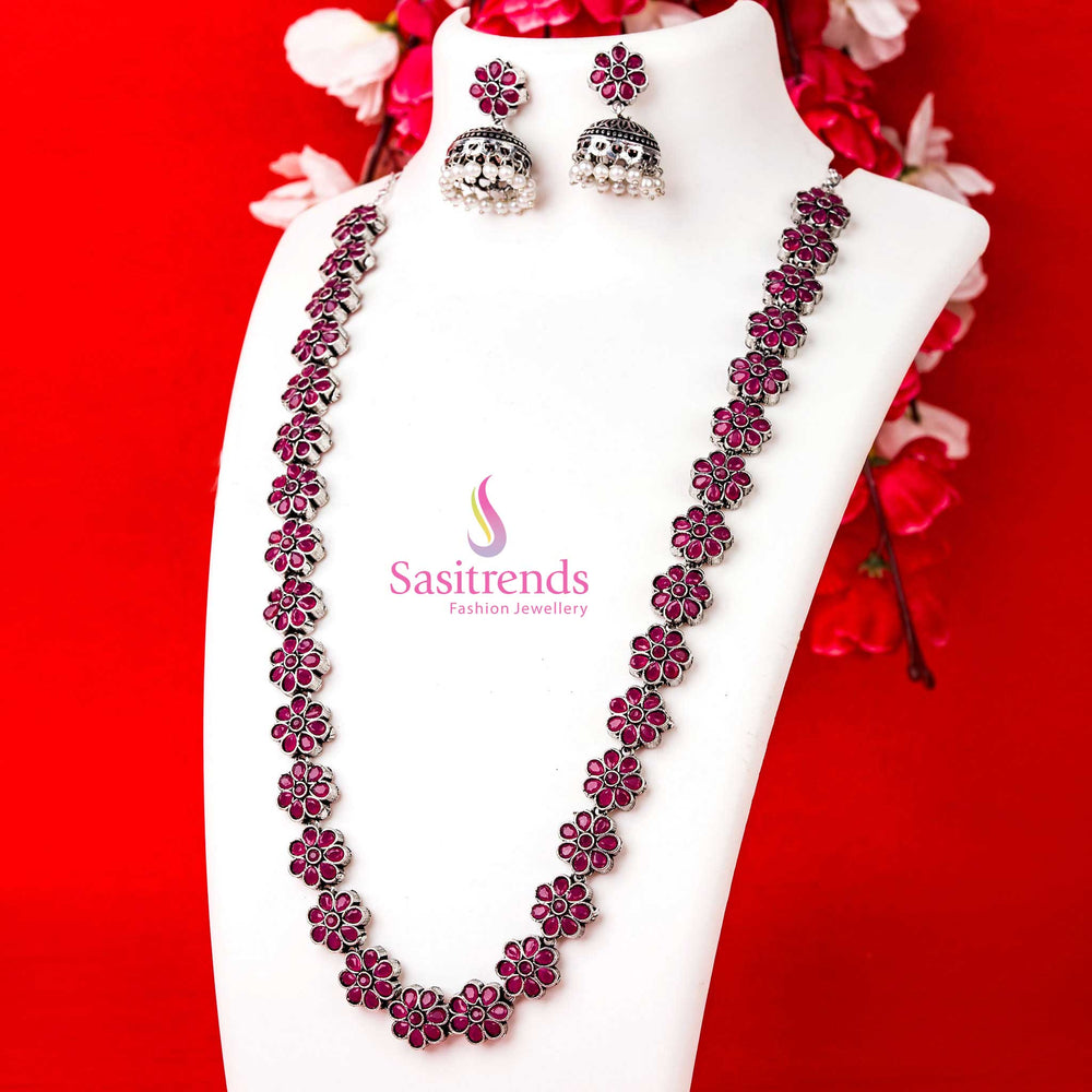 Radiant oxidised ruby stone floral necklace set with pearl jhumkas, elegant festive jewellery radiating heritage grace - Sasitrends
