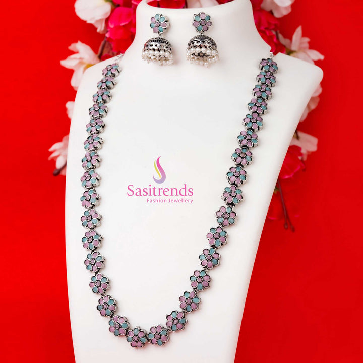Latest Oxidised Floral Long Necklace Stones Jewellery Set with Pearl Jhumkas - Trendy Party Wear | Sasitrends