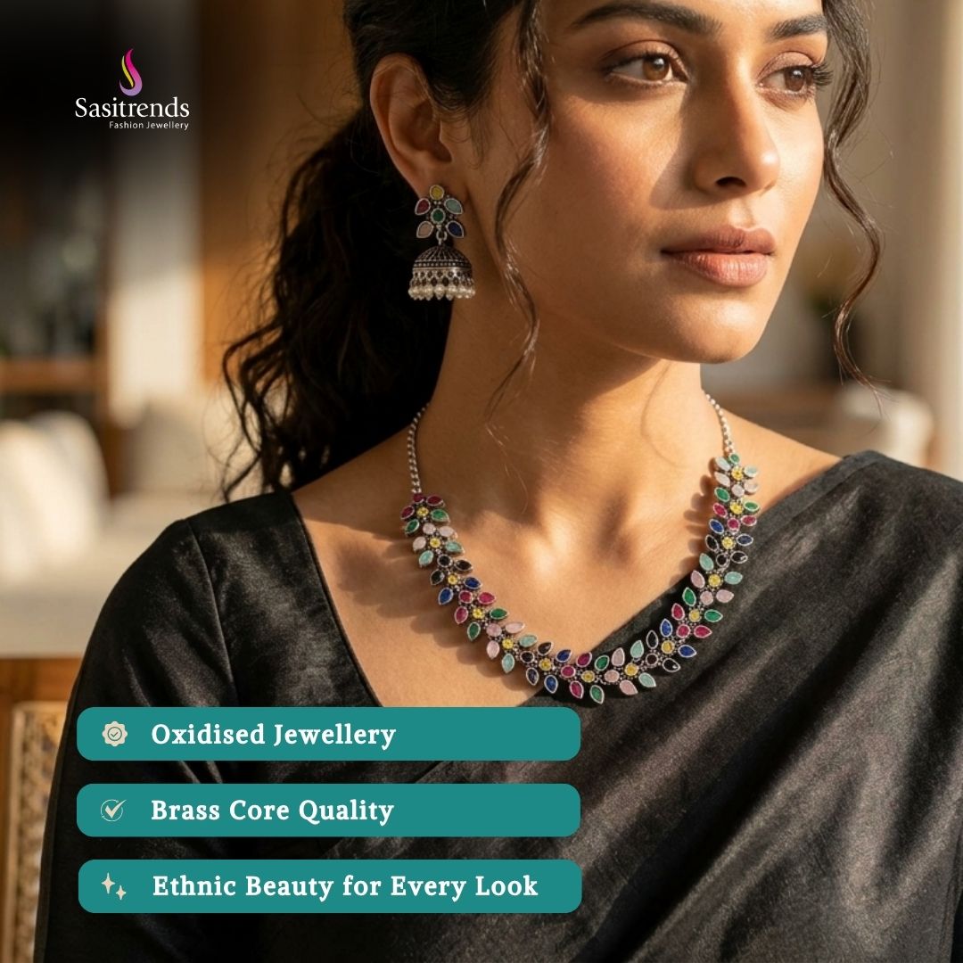 Oxidised silver plated necklace earrings model image - Sasitrends