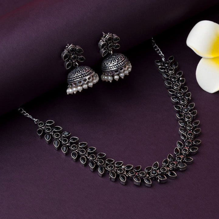 Black stone Madhavi oxidised jewellery with pearl drop jhumkas, perfect party wear for women and girls, blending rustic charisma and graceful fusion styling by Sasitrends