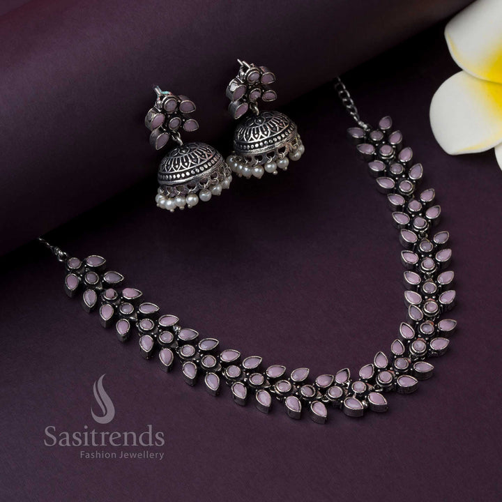 Oxidised pink Madhavi jewellery set with pearl jhumkas, radiating subtle glow and ethnic adoration with a perfect night-wear charm by Sasitrends