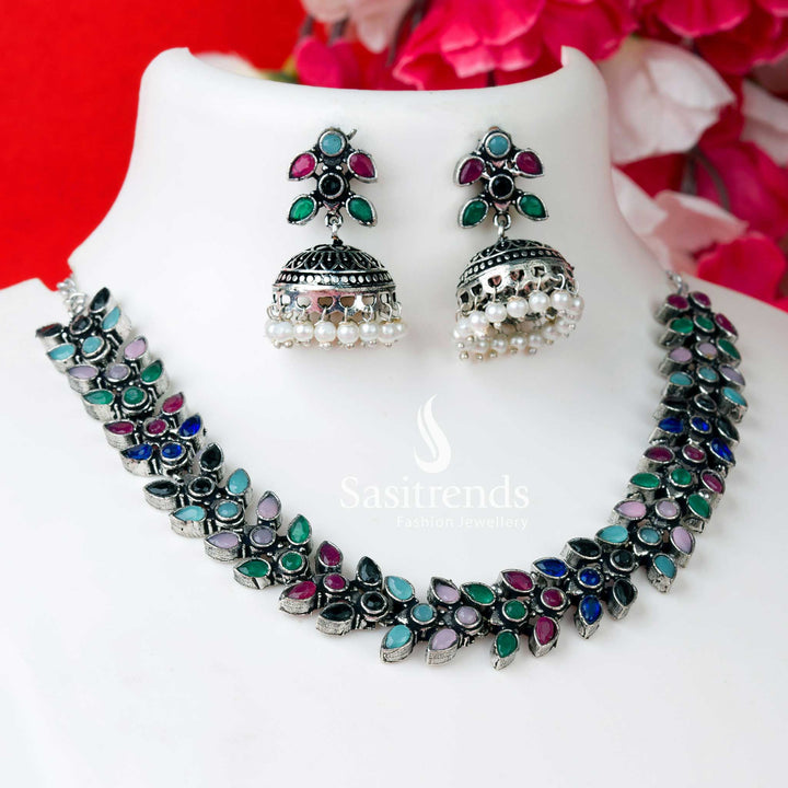 Oxidised Madhavi jewellery set with black-multicolour stones and pearl jhumkas, crafted for vibrant rustic elegance with ethnic vibes and party fusion tones by Sasitrends