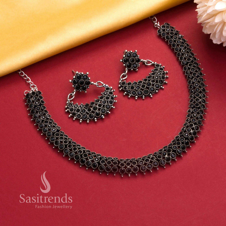 Elegant black oxidised silver necklace with embedded stones and stylish earrings, a perfect fusion fashion jewellery set - Sasitrends

