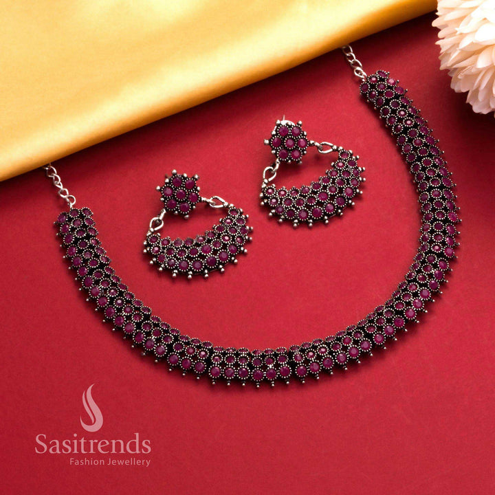 Oxidised ruby stone silver necklace with embellished earrings, an elegant traditional jewellery set for festive flair - Sasitrends