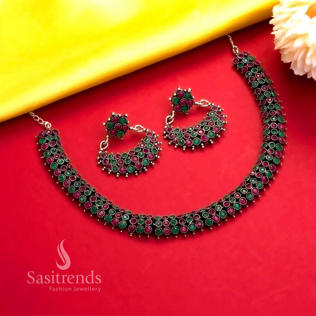 Oxidised silver ruby-green stones necklace with detailed earrings, rich jewellery for special festive occasions - Sasitrends