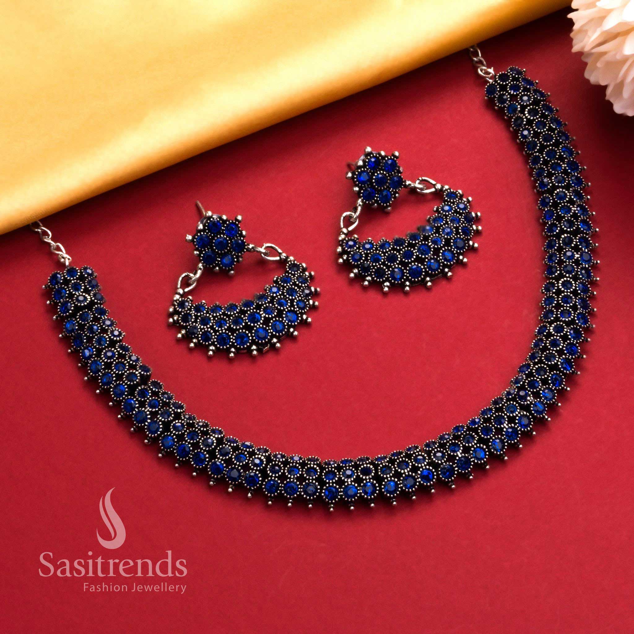 Charming blue oxidised silver necklace with fine stones and matching drop earrings, a blend of traditional and fusion jewellery - Sasitrends