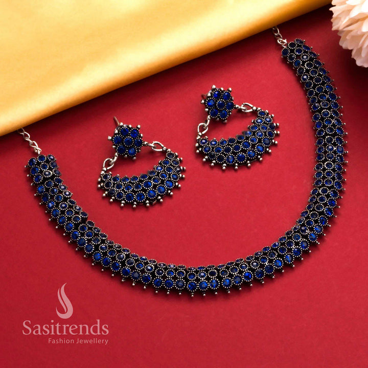 Charming blue oxidised silver necklace with fine stones and matching drop earrings, a blend of traditional and fusion jewellery - Sasitrends