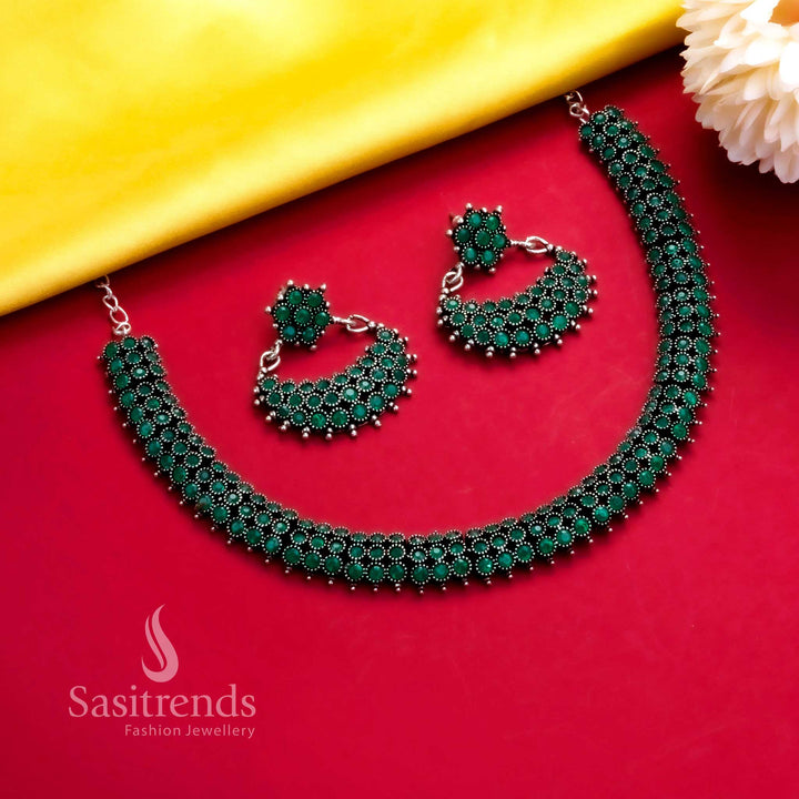 Oxidised silver green stone necklace with unique earrings, a trendy jewellery piece for festive or occasion wear - Sasitrends