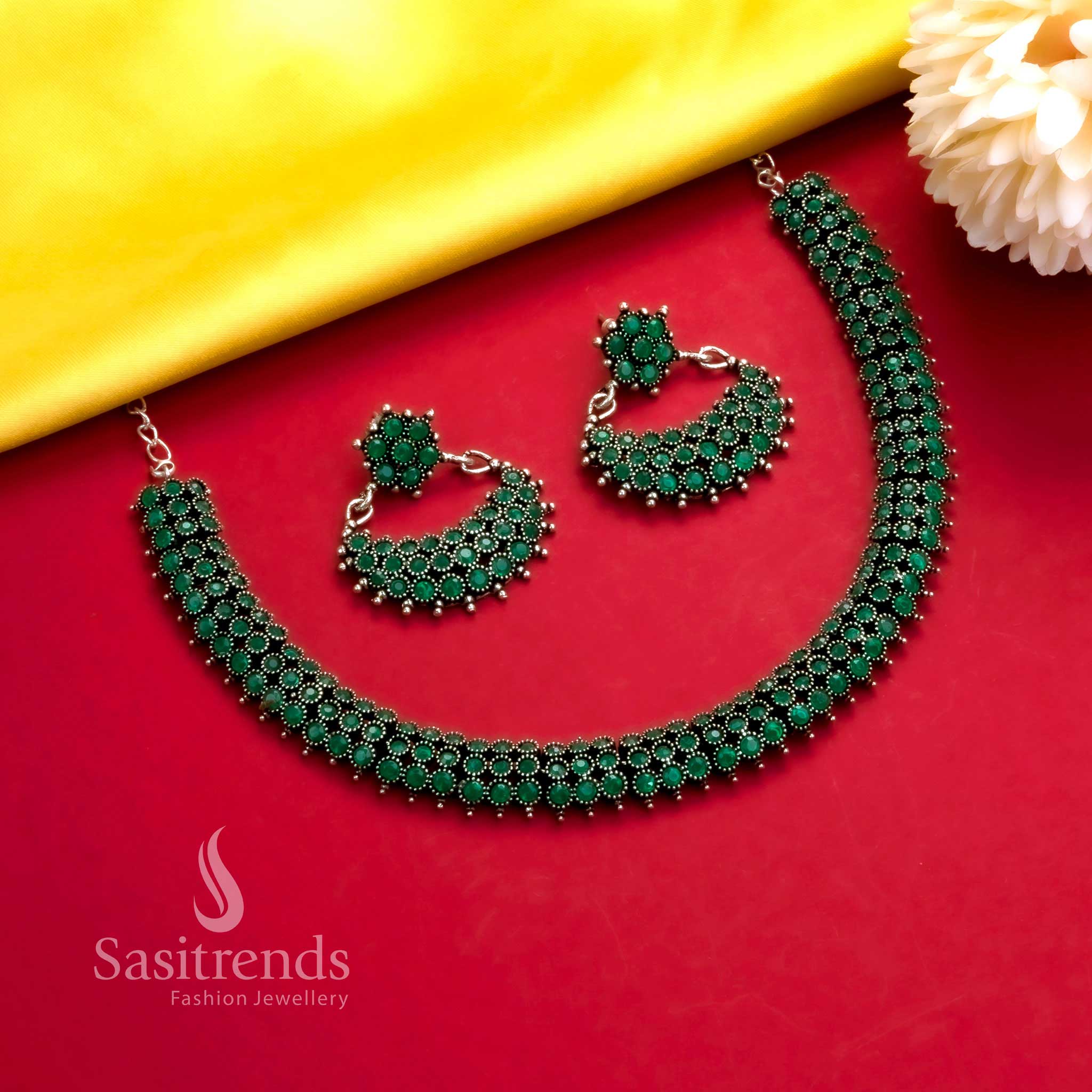 Elegant oxidised green stone necklace with festive silver earrings, a classy traditional jewellery set for celebrations - Sasitrends