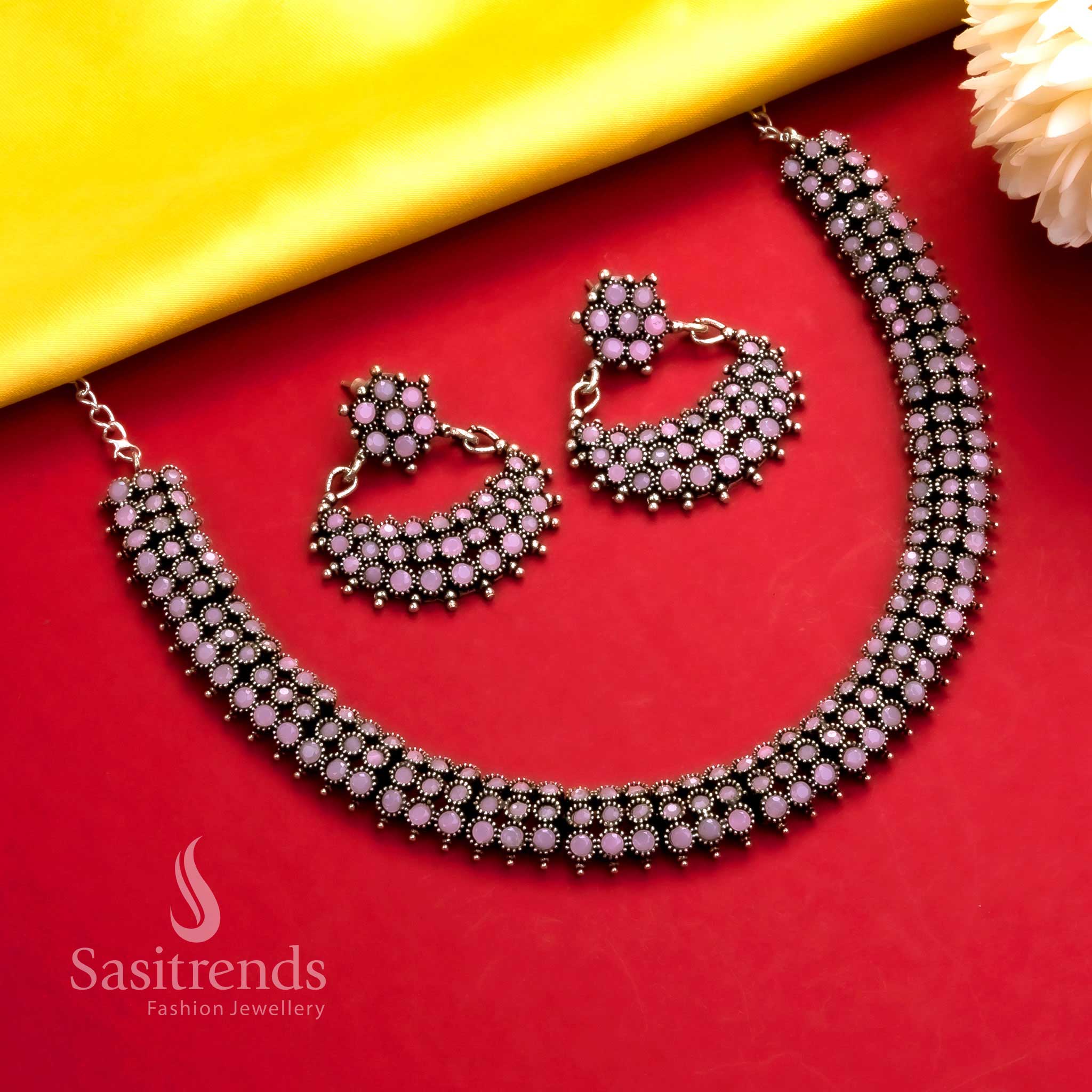Oxidised silver pink stones necklace with designer earrings, a beautiful ethnic party wear jewellery set - Sasitrends