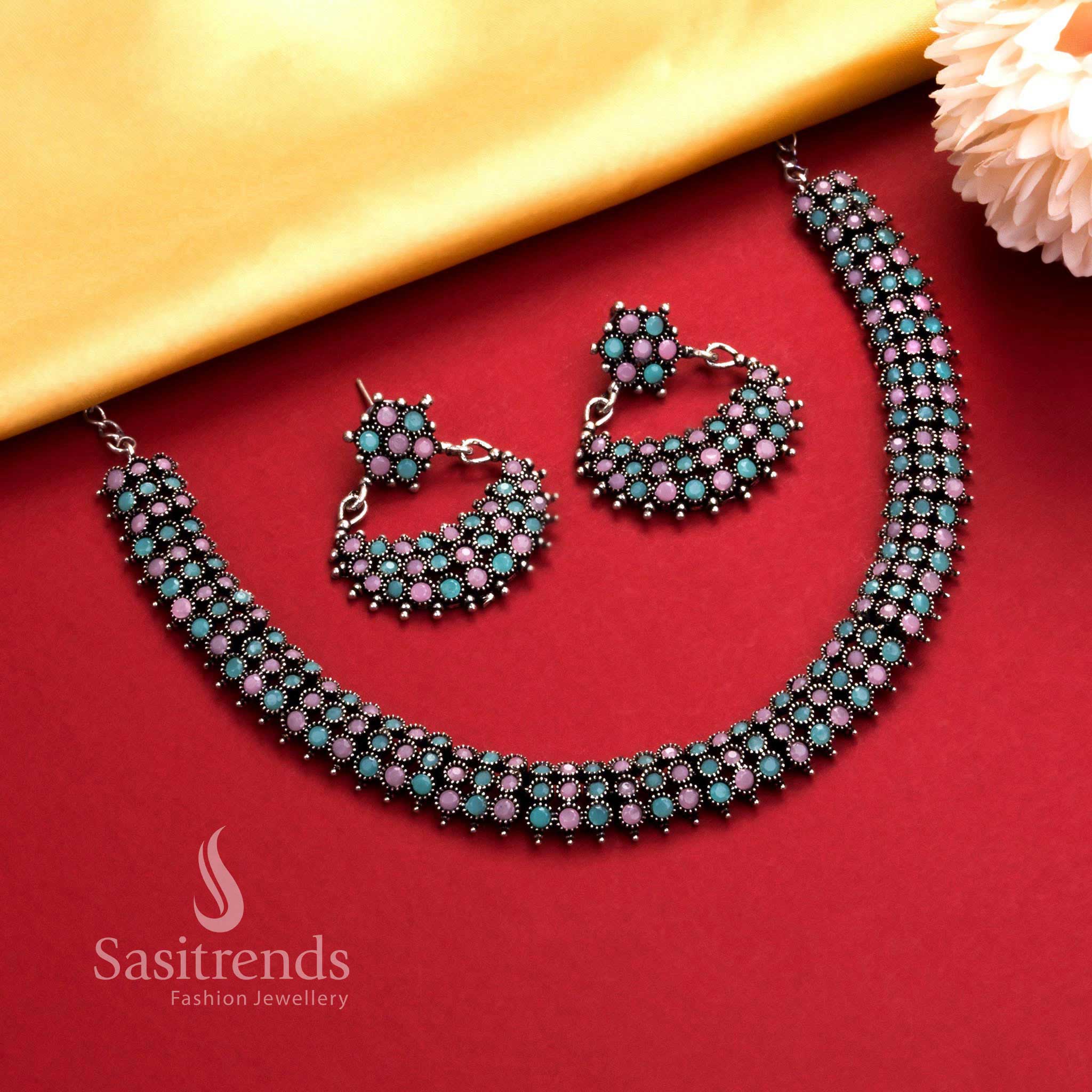 Oxidised mint-pink stone necklace with silver finish and pearl-accent earrings, a chic jewellery set for stylish gatherings - Sasitrends