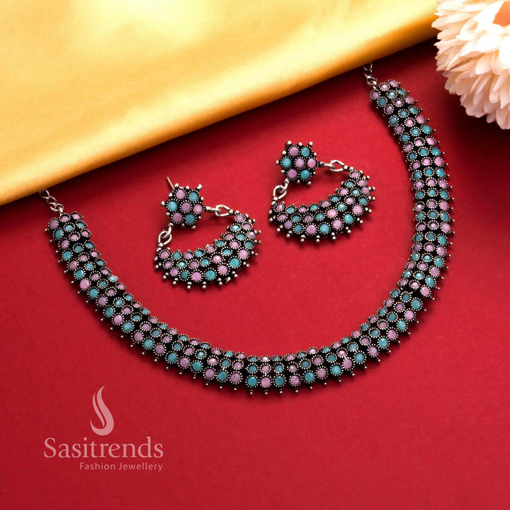 Oxidised mint-pink stone necklace with silver finish and pearl-accent earrings, a chic jewellery set for stylish gatherings - Sasitrends