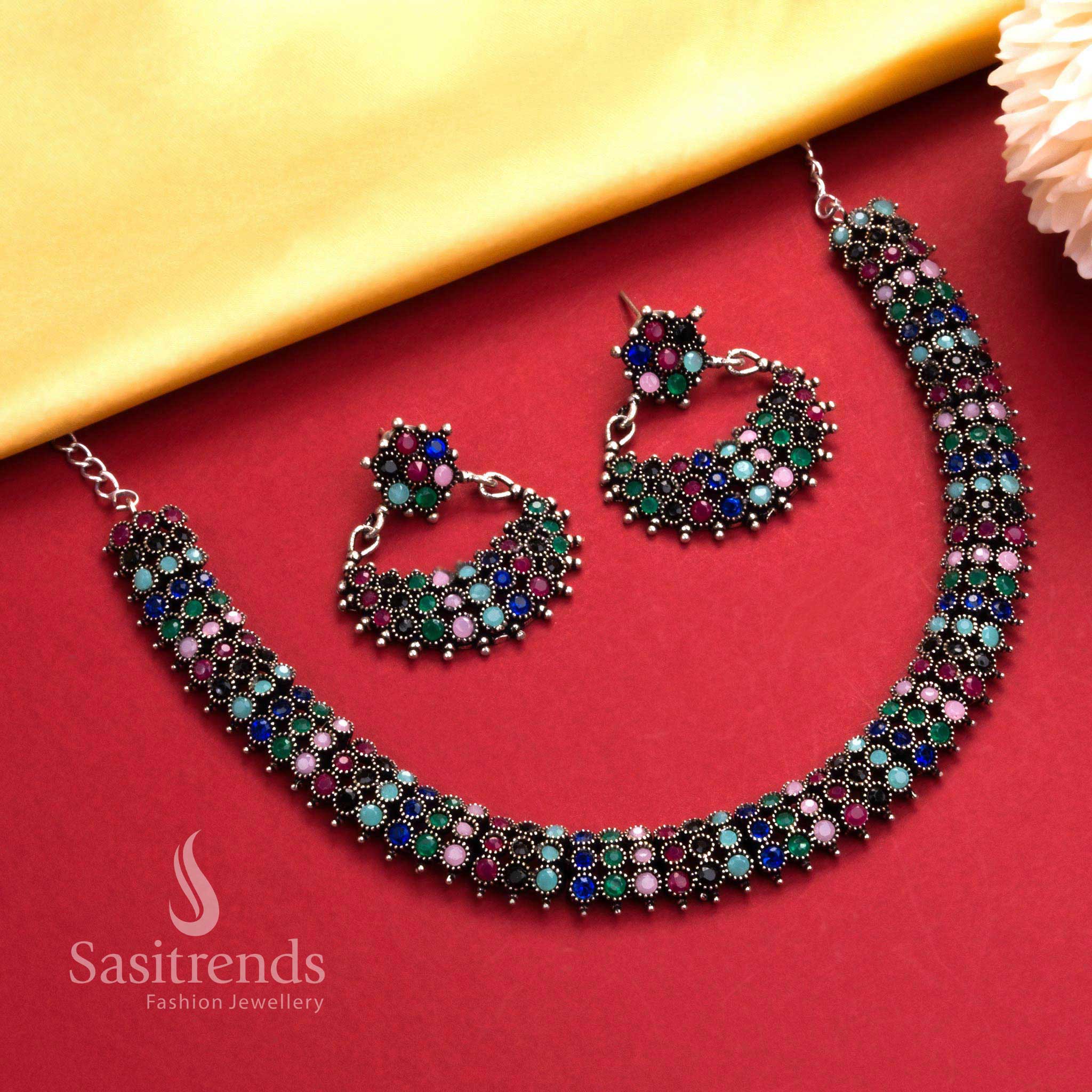 Oxidised silver multi-stone necklace with stylish earrings, a rich and traditional party wear jewellery ensemble - Sasitrends

