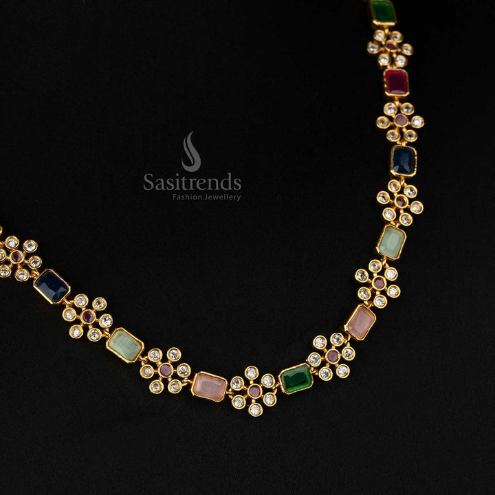 Luxurious floral-design earrings set with multi-color stones, American diamonds, and matte gold plating, crafted for party and festive wear - Sasitrends