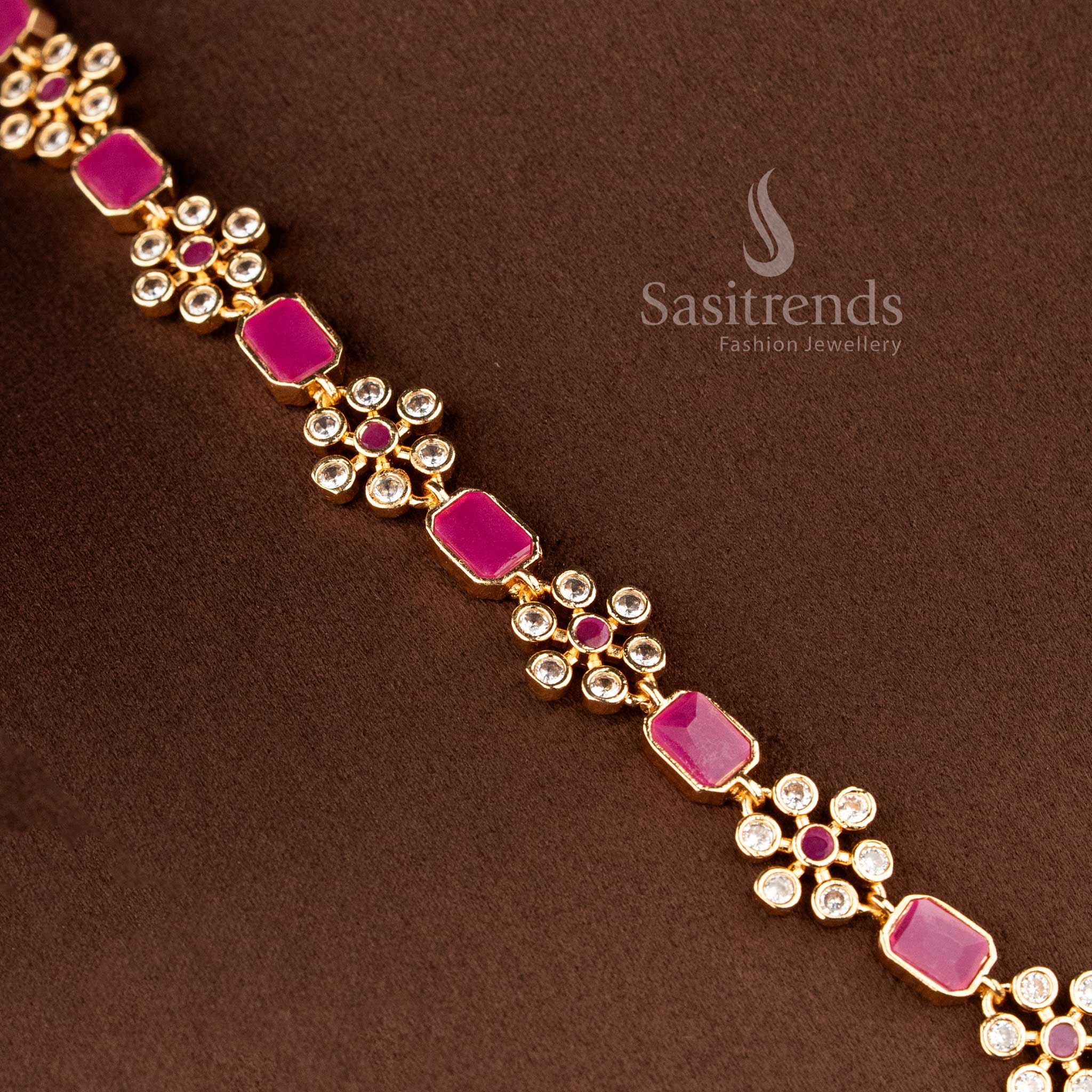 American diamond stone jewellery set with White-Ruby-color stones, matte gold plating, and a floral design, perfect for women - Sasitrends