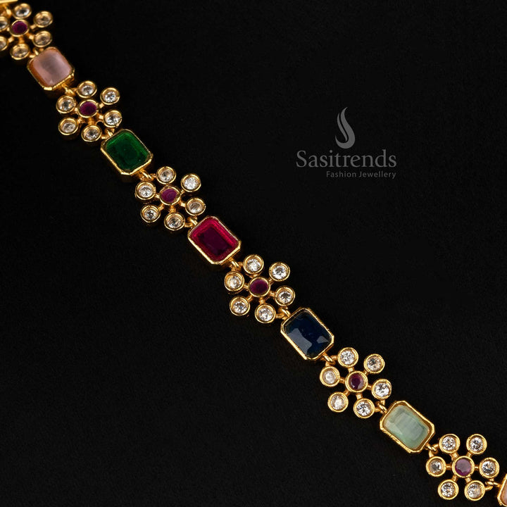 Trendy party wear American diamond stone jewellery set with multi-color stones, matte gold plating, and a floral design, perfect for women - Sasitrends